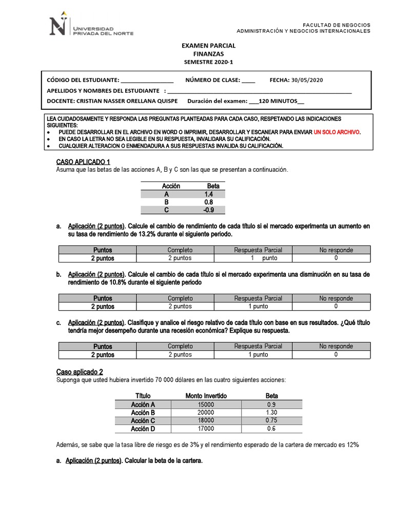 Examen Parcial de Finanzas 2020-1 | PDF