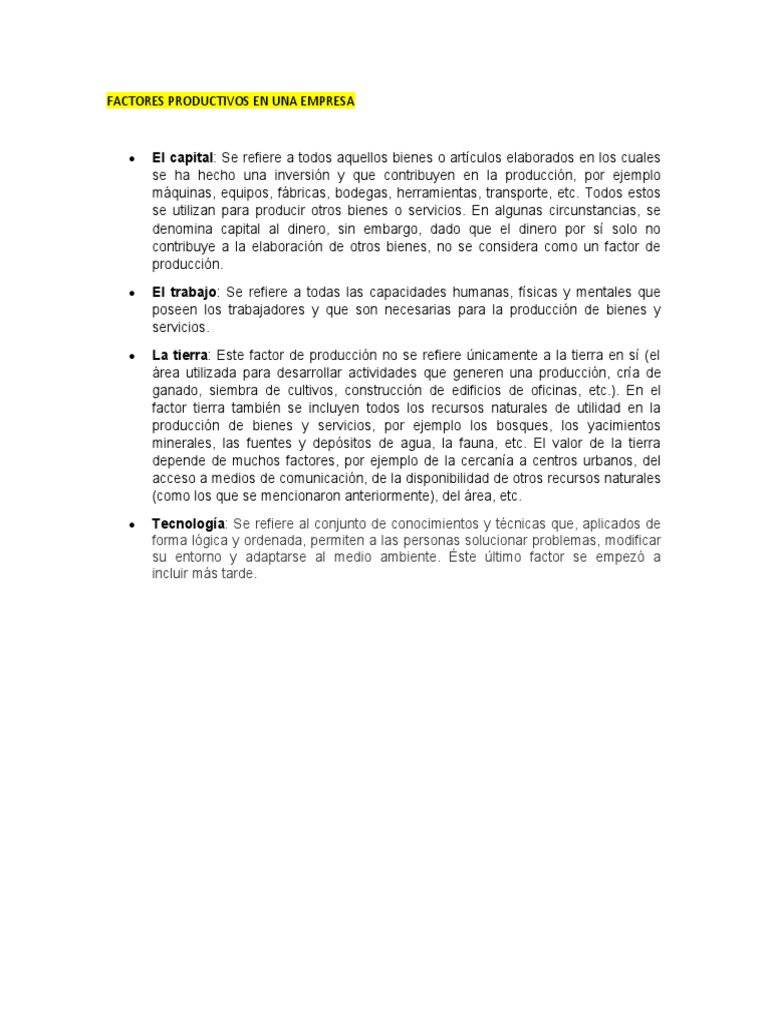 Factores Productivos en Una Empresa | PDF | Factores de producción ...
