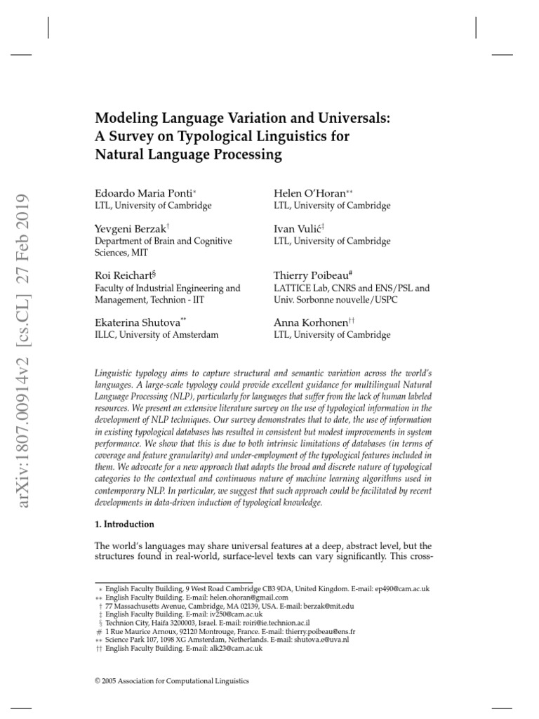 Modeling Language Variation and Universals A Survey On Typological