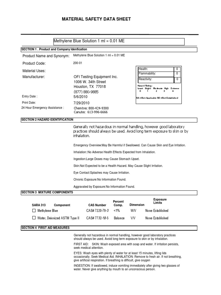Material Safety Data Sheet Methylene Blue Solution 1 ML 0.01 ME PDF