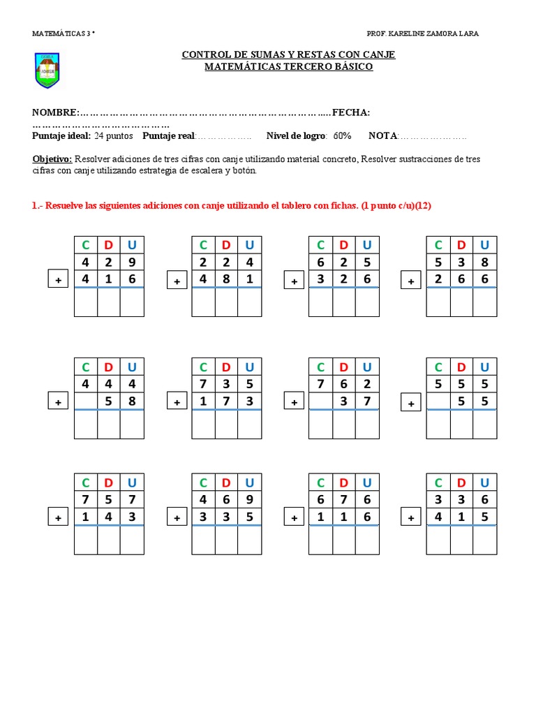 Control de Sumas y Restas con Canje | PDF