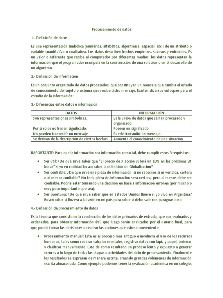 Definición y Proceso de Datos | PDF | Almacenamiento de datos de la ...