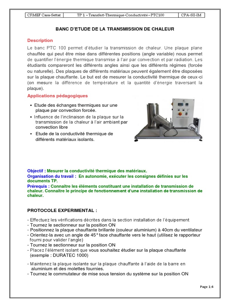 TP 1 Transfert Thermique Conduction PTC100 Corrige PDF