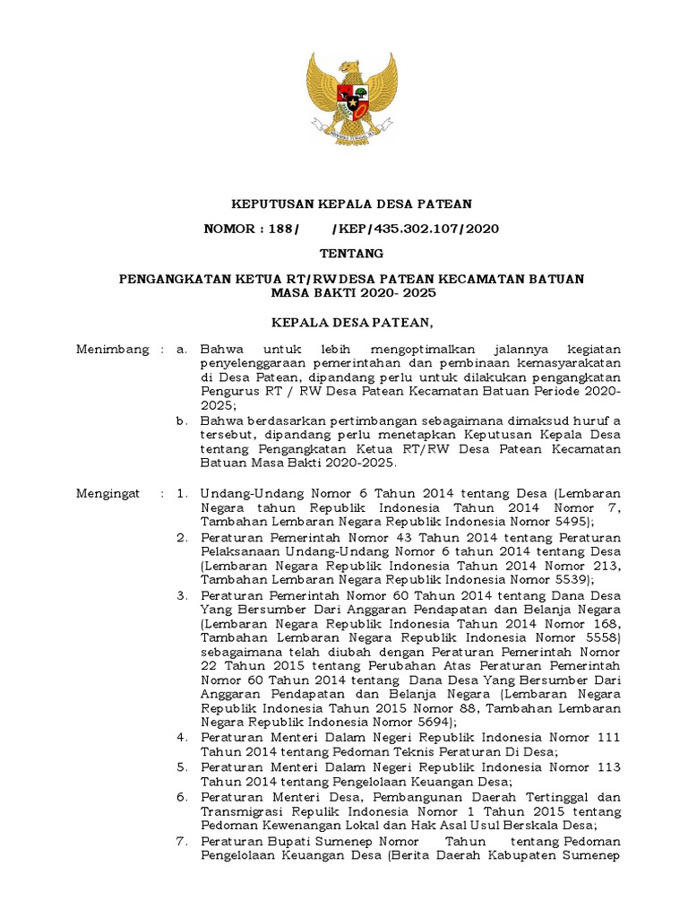 SK Pengangkatan Ketua RT/RW Patean 2020-2025 | PDF