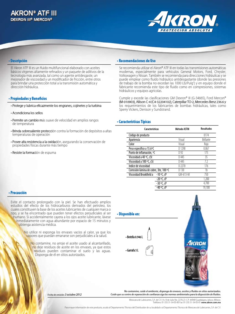 Aceite para Transmisiones Automáticas ATF Dexron III PDF | PDF ...