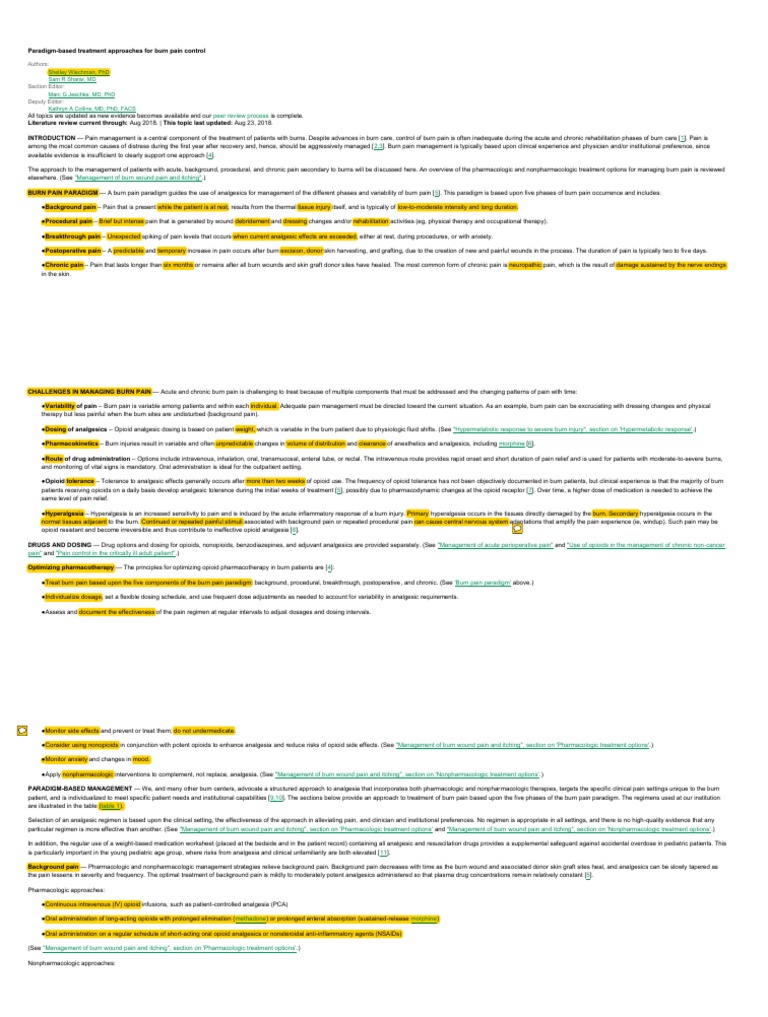 UPTODATE Paradigm Based Treatment Approaches For Burn Pain Control