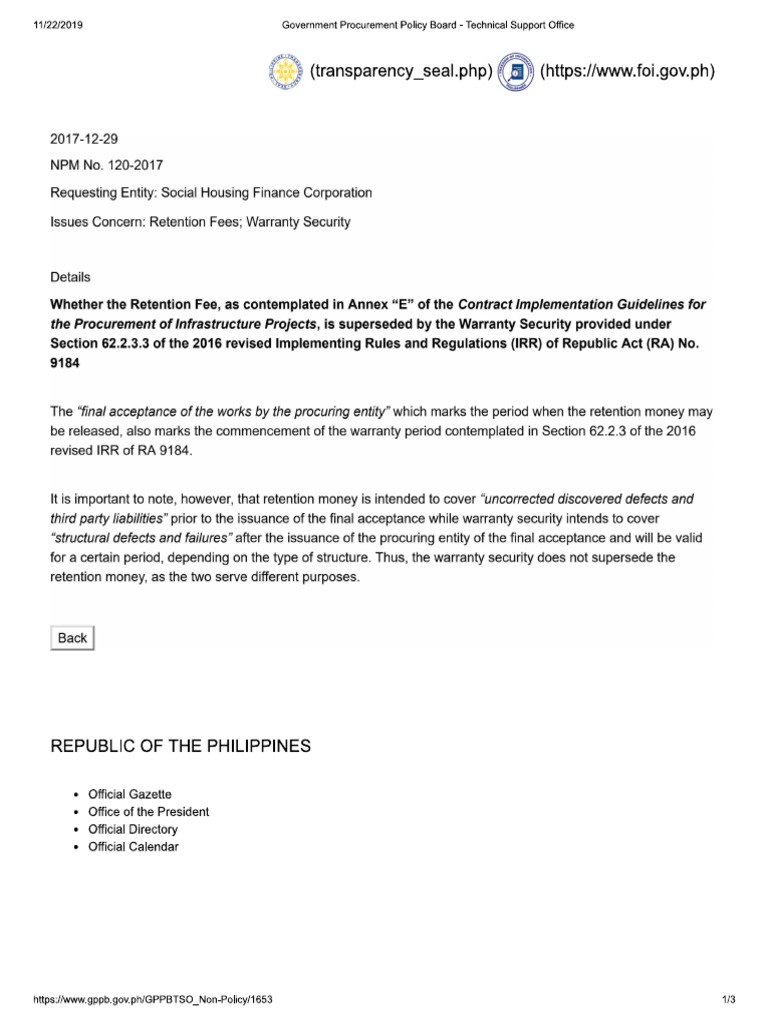 GPPB NPM No. 1202017 RETENTION FEESWARRANTY SECURITY PDF PDF