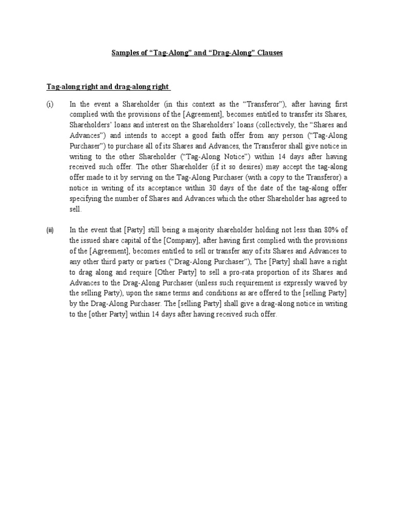 Samples of Drag Along and Tag Along Clauses PDF