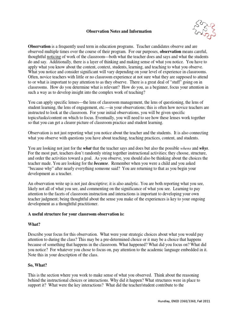 Observation Notes and Information: Hundley, ENED 2360/3360, Fall 2011 ...