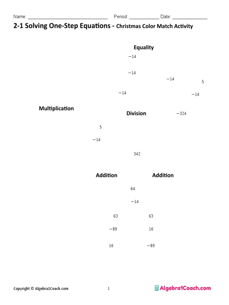 2 1 Solving One Step Equations Se Christmas Color Match Activity System Of Linear Equations Equations