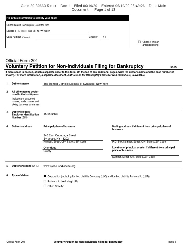 Diocese Of Syracuse Petition For Chapter 11 Bankruptcy Pdf Pdf