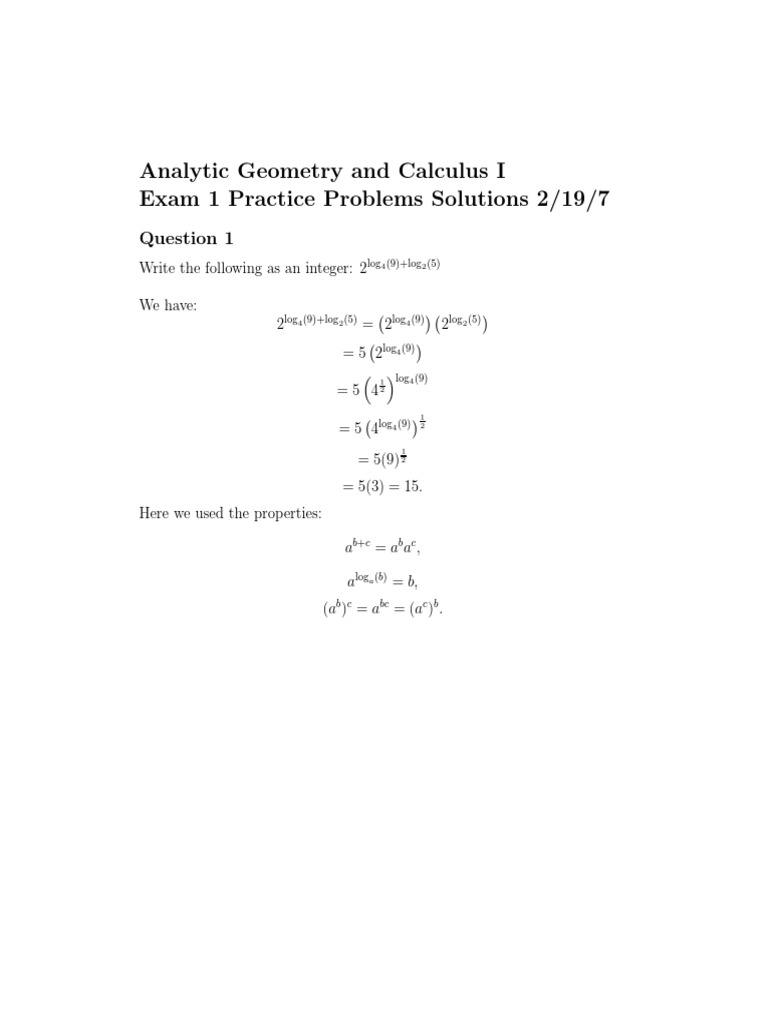 Analytic Geometry and Calculus I Exam 1 Practice Problems Solutions 2 ...