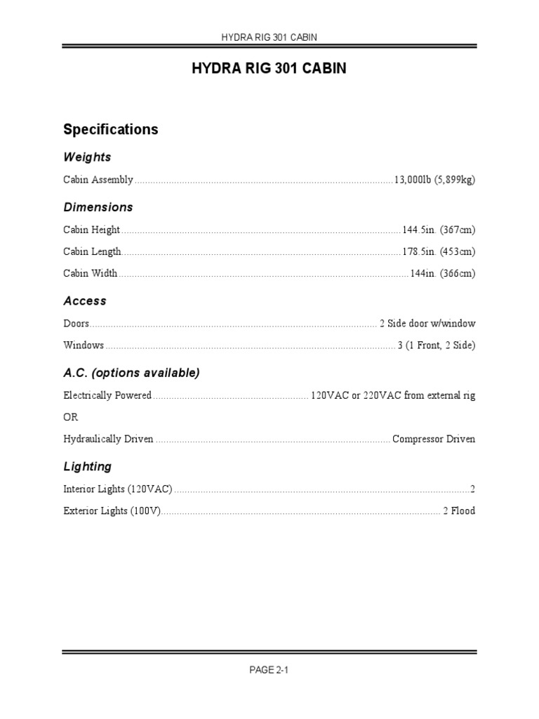 Hydra Rig 301 Cabin Specifications | PDF | Computers