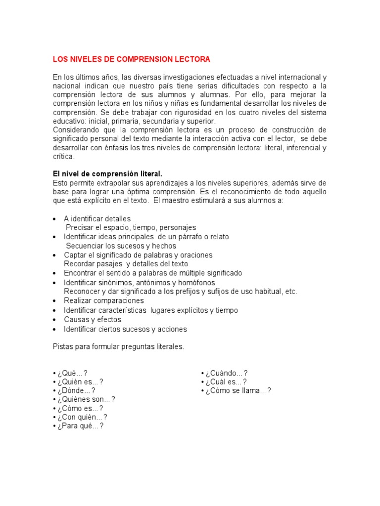 Los Niveles de Comprension Lectora | PDF | Inferencia | Comprensión lectora