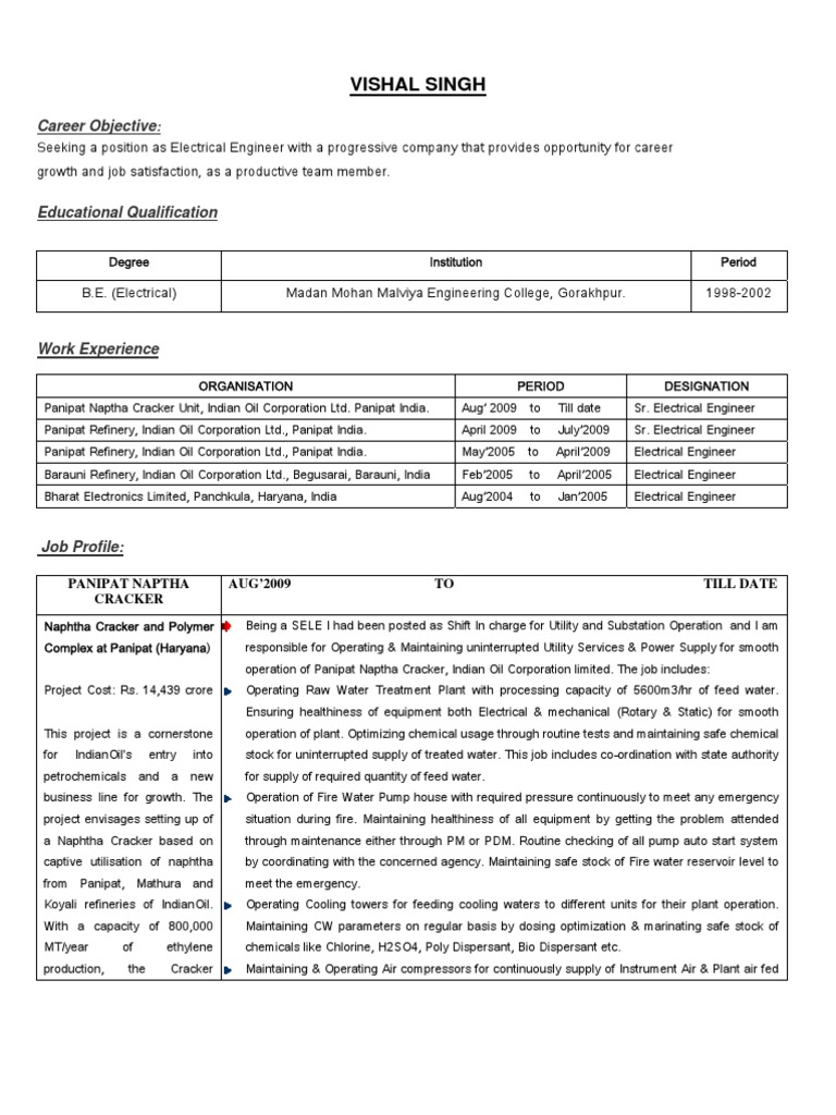 Vishal Singh Resume Upadted | PDF | Oil Refinery | Cracking (Chemistry)