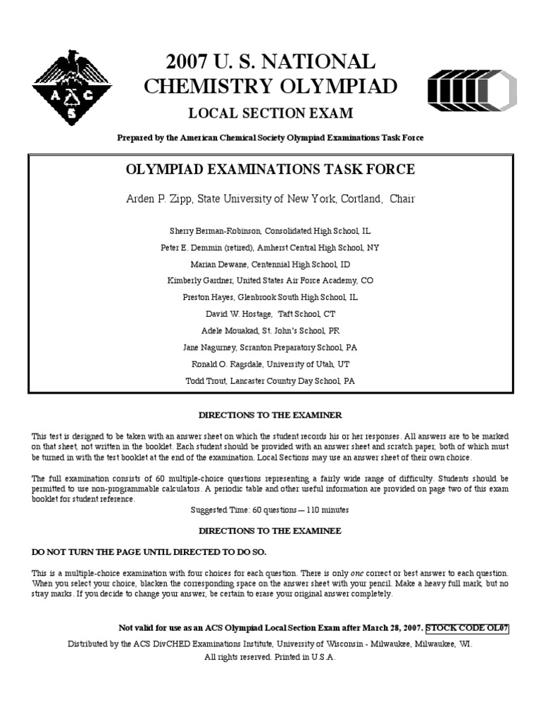2007 U. S. National Chemistry Olympiad: Local Section Exam | PDF ...