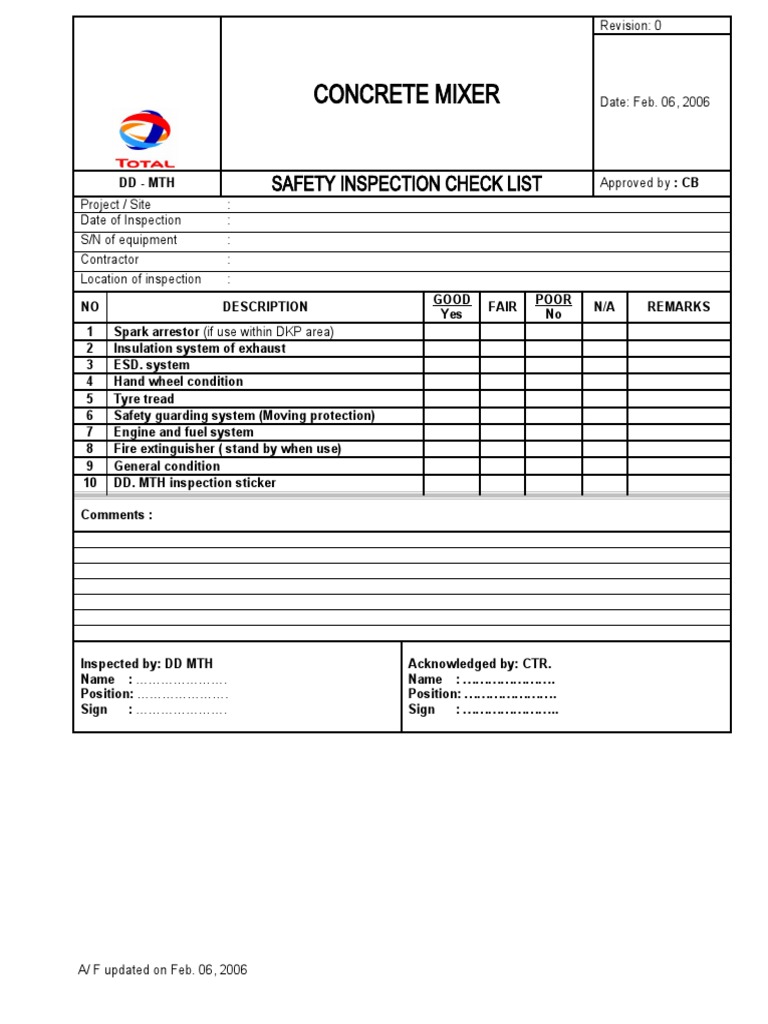 Concrete Mixer Safety Inspection Check List PDF