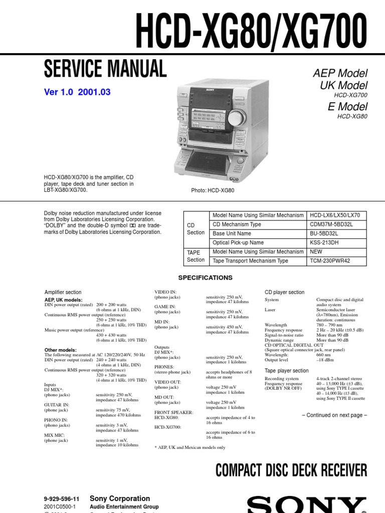 Sony LBT-XG80 Service Manual | PDF | Compact Cassette | Compact Disc