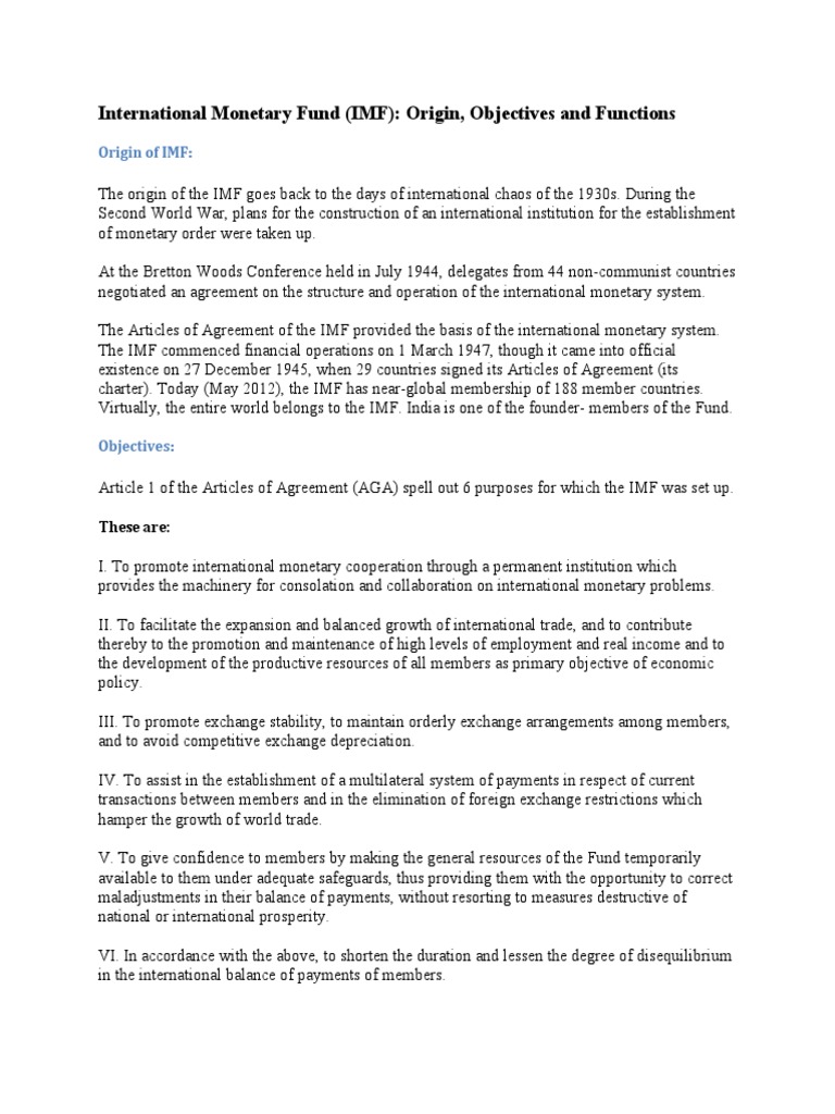 IMF: Origin, Objectives, and Functions | PDF | International Monetary ...