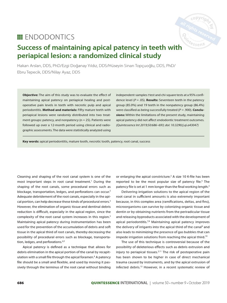 Endodontics Success of Maintaining Apical Patency in Teeth With