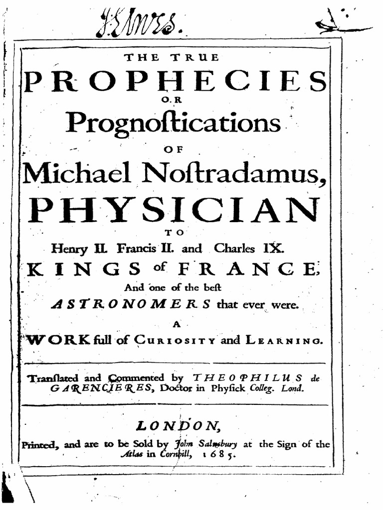 Book 1685 The True Prophecies Or Prognostications Of Michel Nostradamus Pdf Divinity Faith