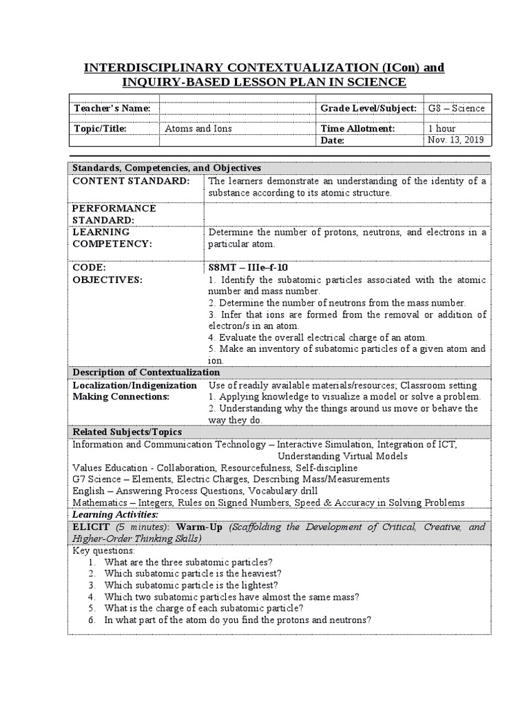 Atoms and Ions: 8th Grade Lesson Plan | PDF | Atoms | Electron