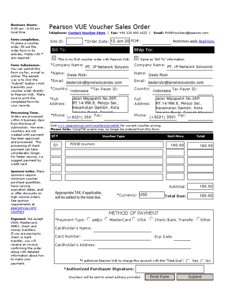 Pearson VUE Voucher Sales Order Bill To PDF Visa Inc. Payments