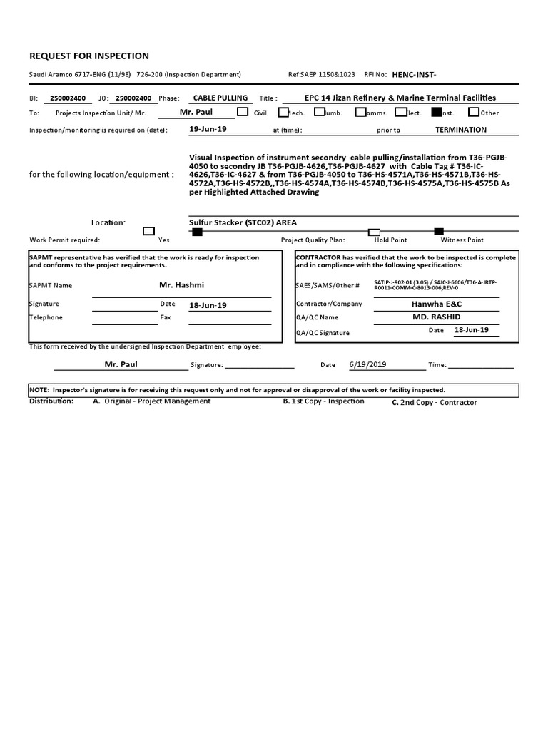 Inspection Request for Jizan Refinery | PDF | Quality | Evaluation