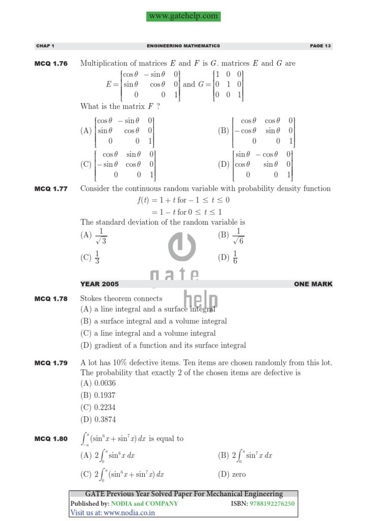 GATE Mechanical Engg Math Solved MCQs | PDF | Matrix (Mathematics ...