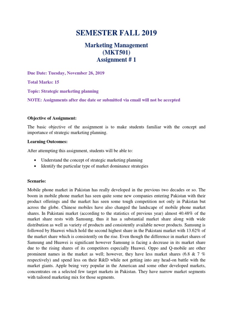 Semester Fall 2019: Marketing Management (MKT501) Assignment # 1 | PDF ...
