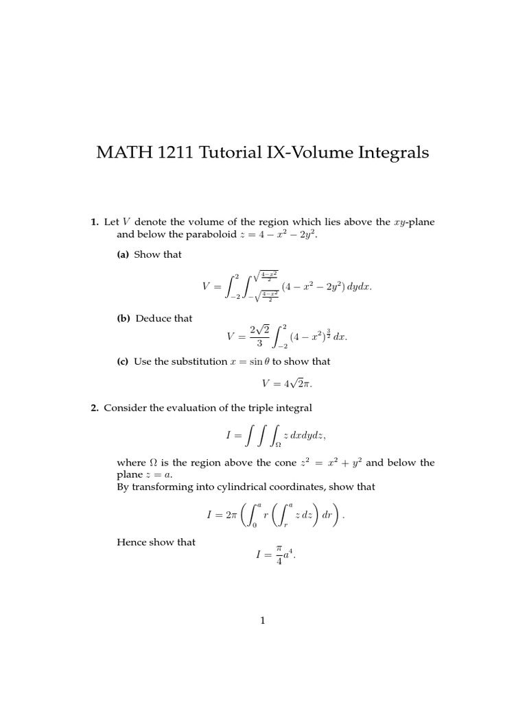 MATH 1211 Tutorial IX-Volume Integrals | PDF | Sphere | Differential ...