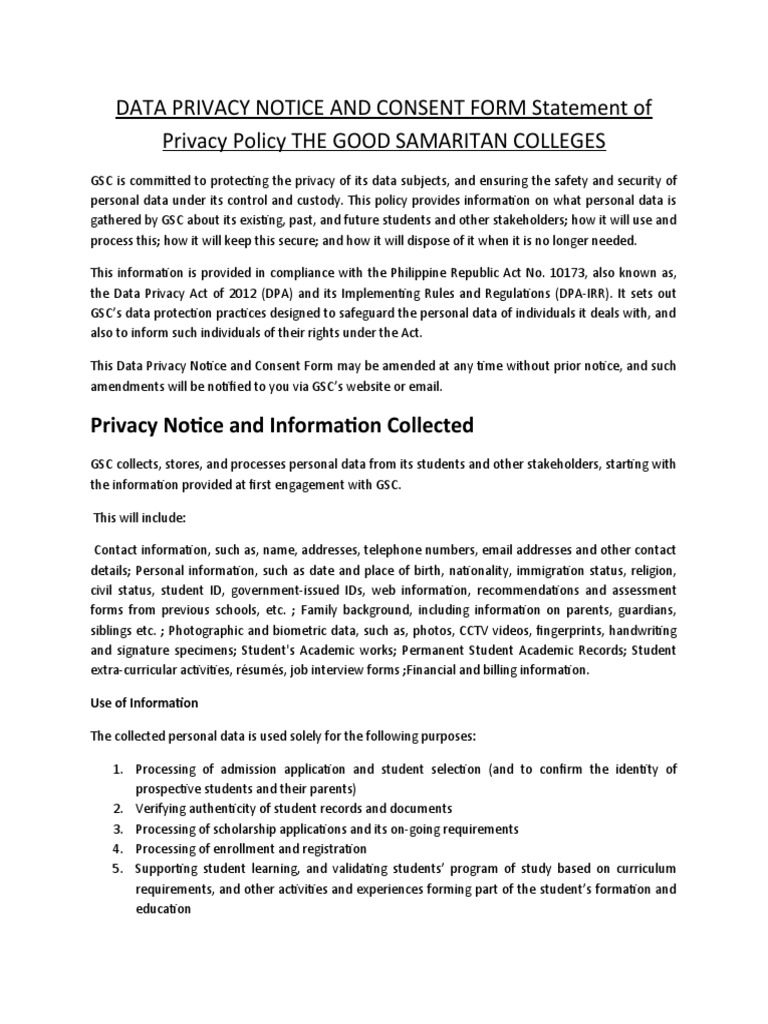 GSC Data Privacy Notice & Consent Form | PDF | Information Privacy ...