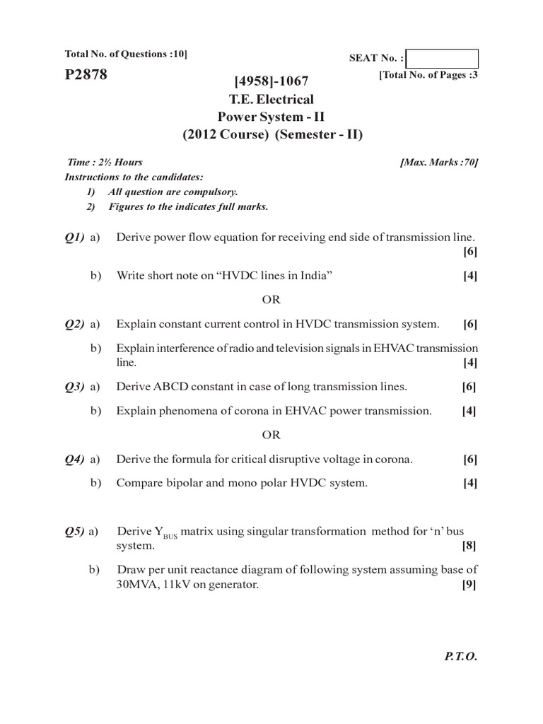 Power System II Exam Derivations of Power Flow Equations, HVDC