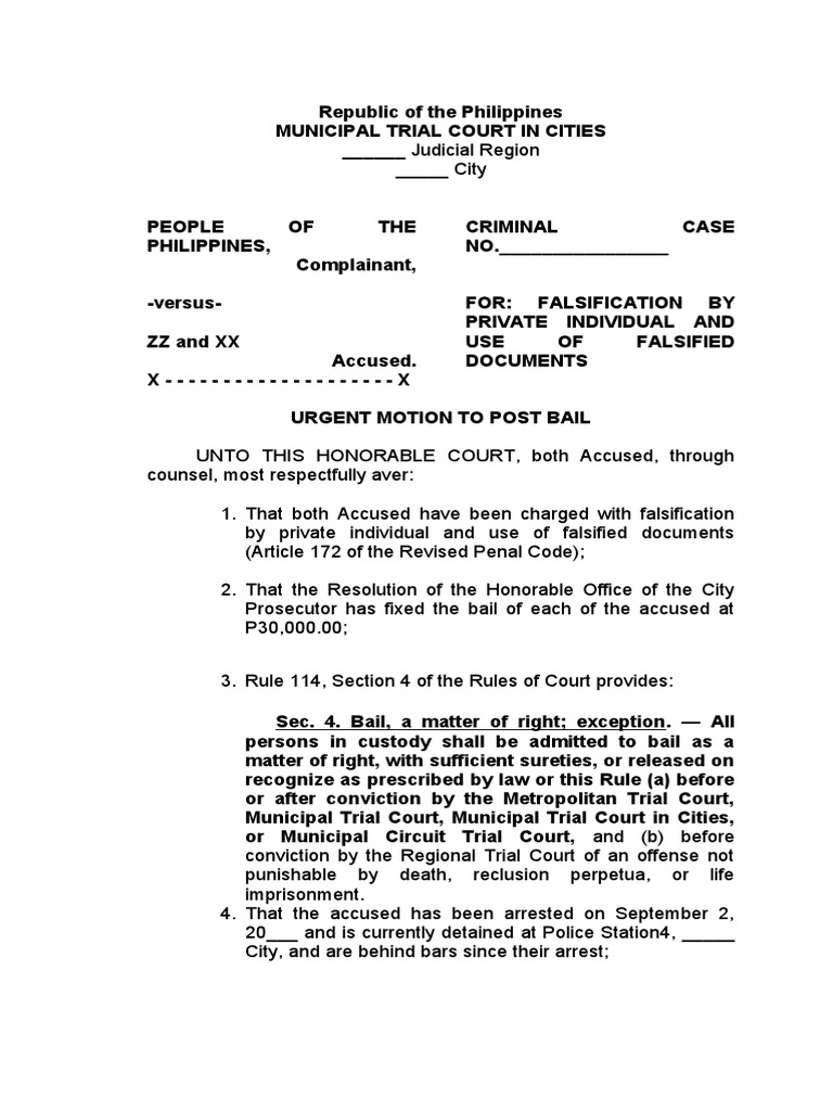 Urgent Motion to Post Bail for Falsification | PDF | Bail | Prosecutor