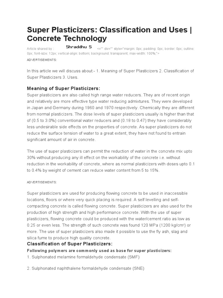 Super Plasticizers: Classification and Uses - Concrete Technology | PDF ...