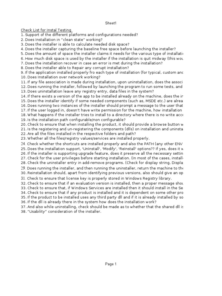Checklist For Install Testing Pdf Installation Computer Programs