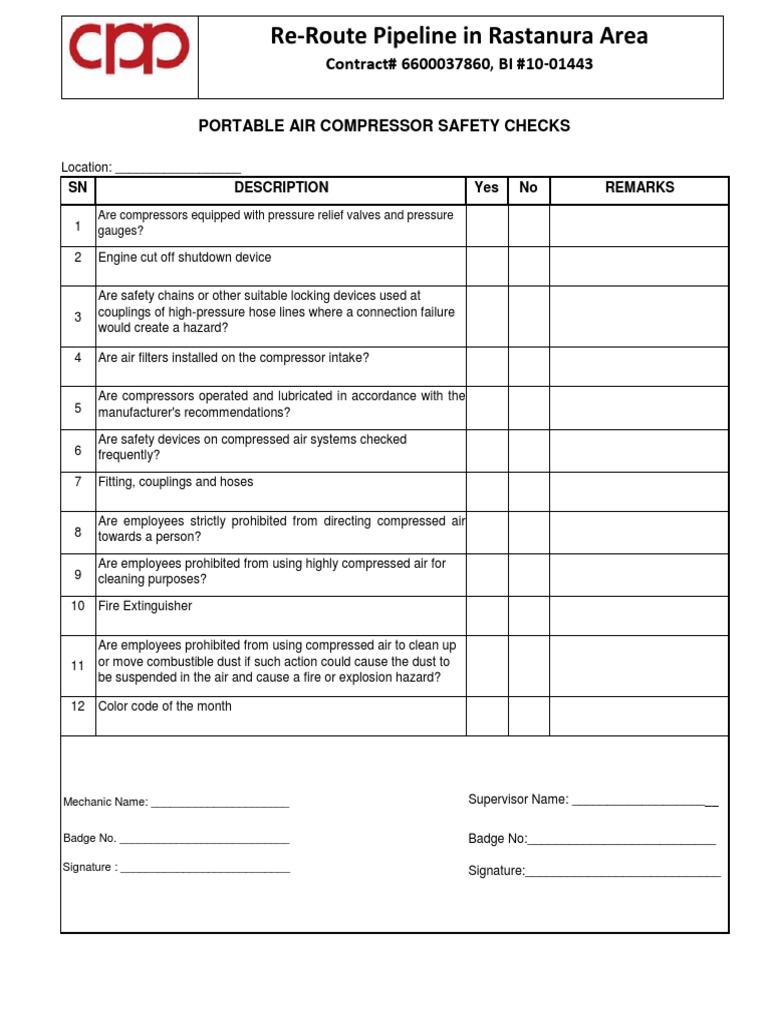 Air Compressor Checklist PDF | PDF