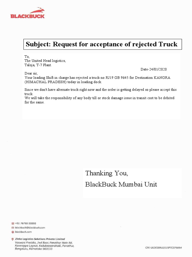 Subject: Request For Acceptance of Rejected Truck: Thanking You ...