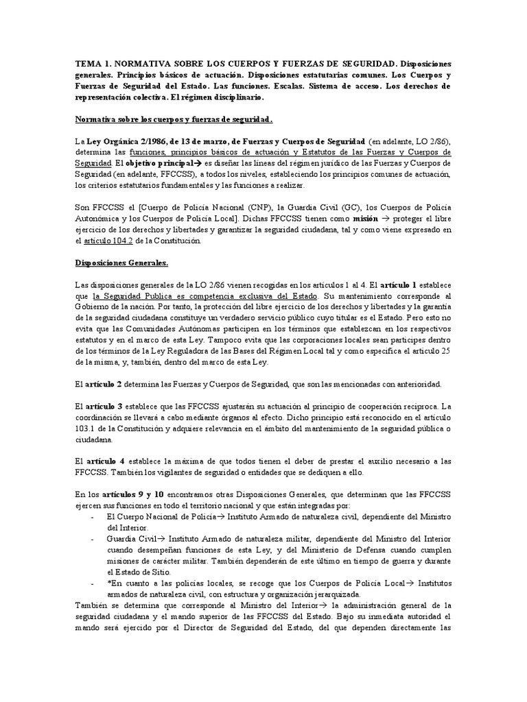 Tema 1 Normativa Sobre Cuerpos y Fuerzas de Seguridad | PDF | Policía ...