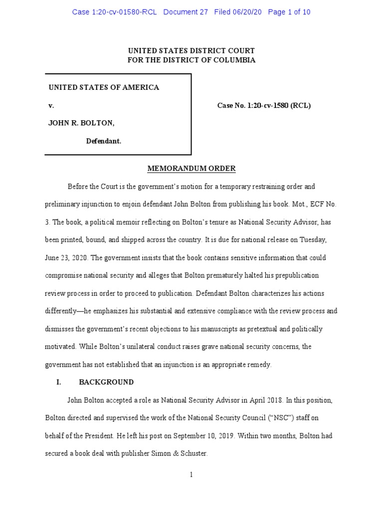 Minute Order: Bolton Book Can Hit The Shelves | PDF | Classified ...