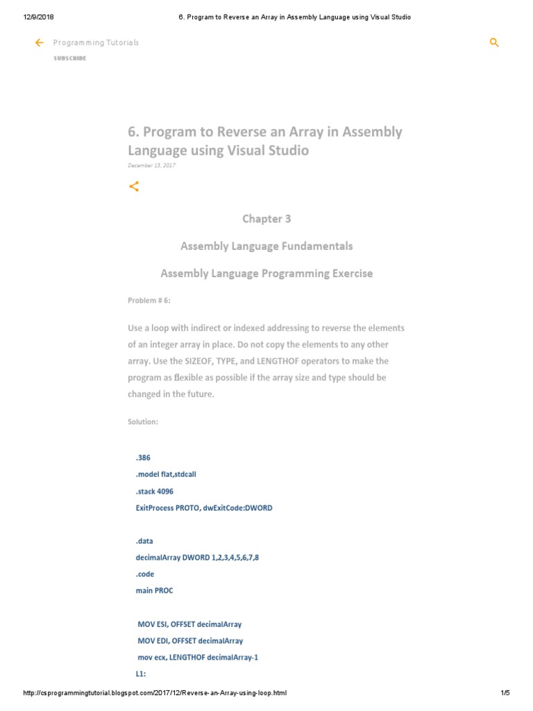 Program To Reverse An Array in Assembly Language Using Visual Studio ...