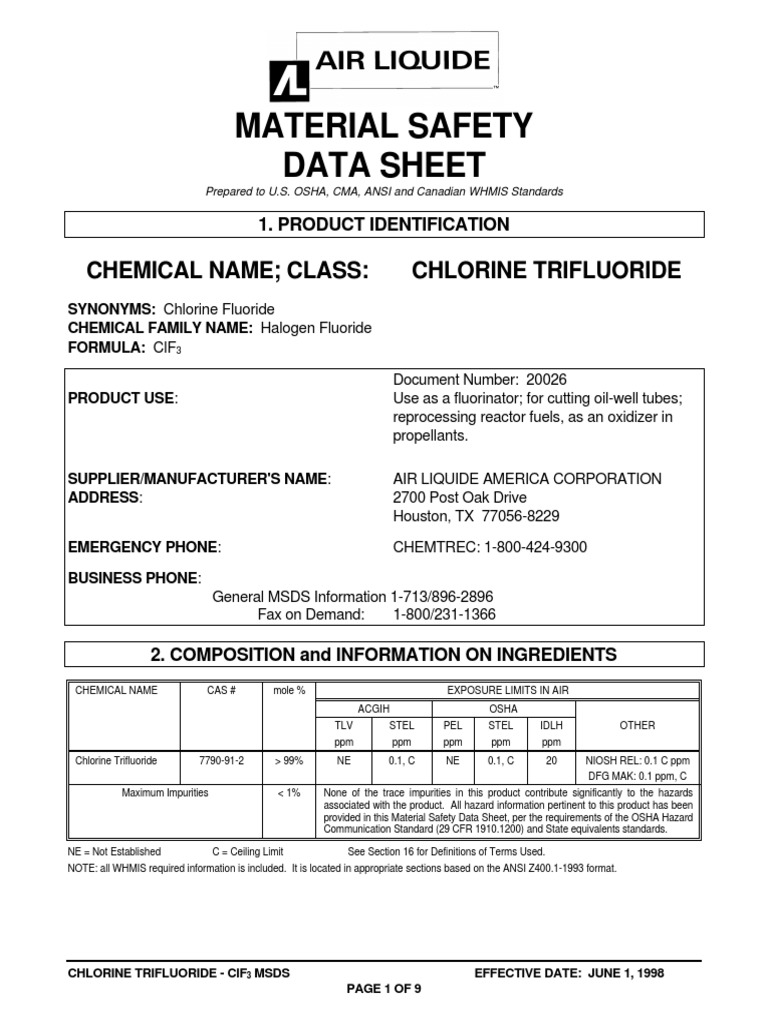 Material Safety Data Sheet Chemical Name Class Chlorine Trifluoride