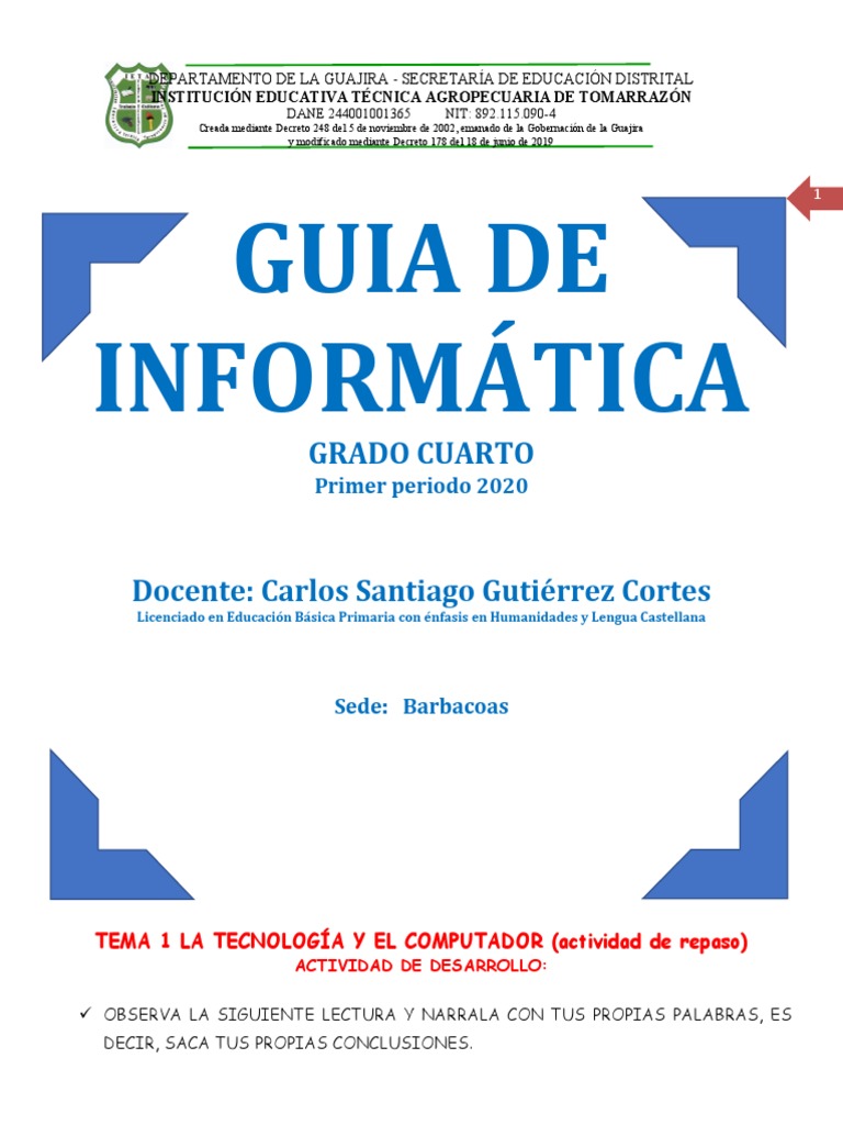 GUIA DE INFORMATICA Grado Cuarto 2020 | PDF | Hardware de la ...