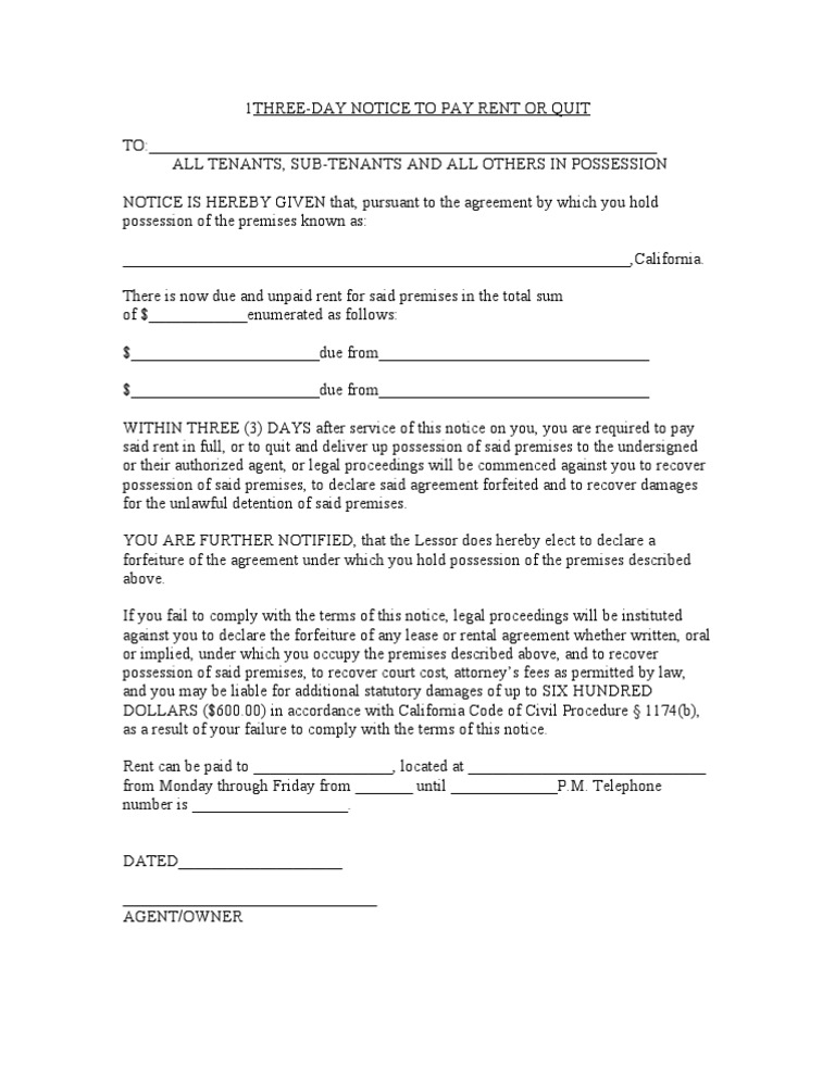 Sample Three-Day Notice To Pay Rent or Quit For California | PDF ...