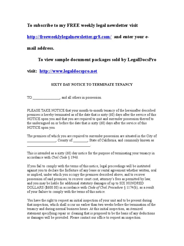Sample 60Day Notice To Vacate For California PDF Leasehold Estate