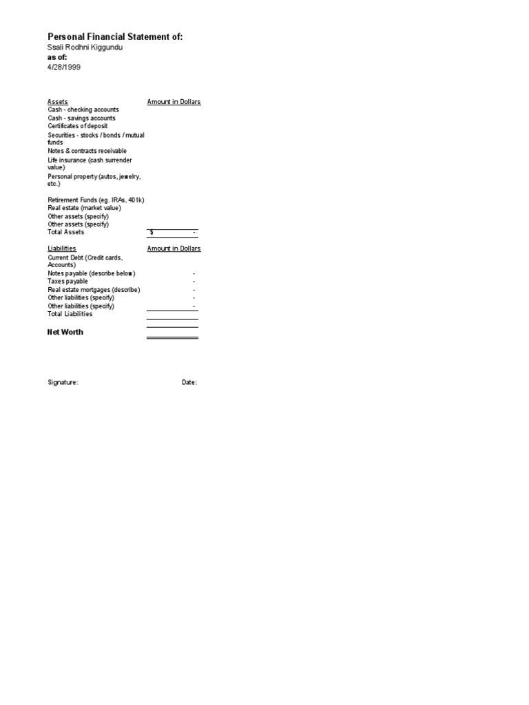 Personal Financial Statement of | PDF | Securities (Finance) | Credit