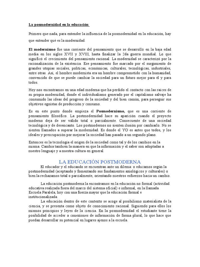 Educar en La Posmodernidad | PDF | Modernidad | Teorías filosóficas