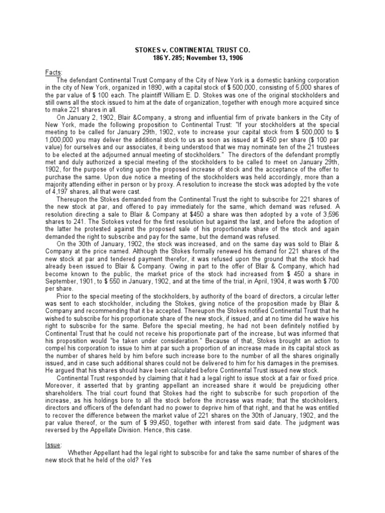 STOKES v. CONTINENTAL TRUST CO. PDF Corporations Stocks