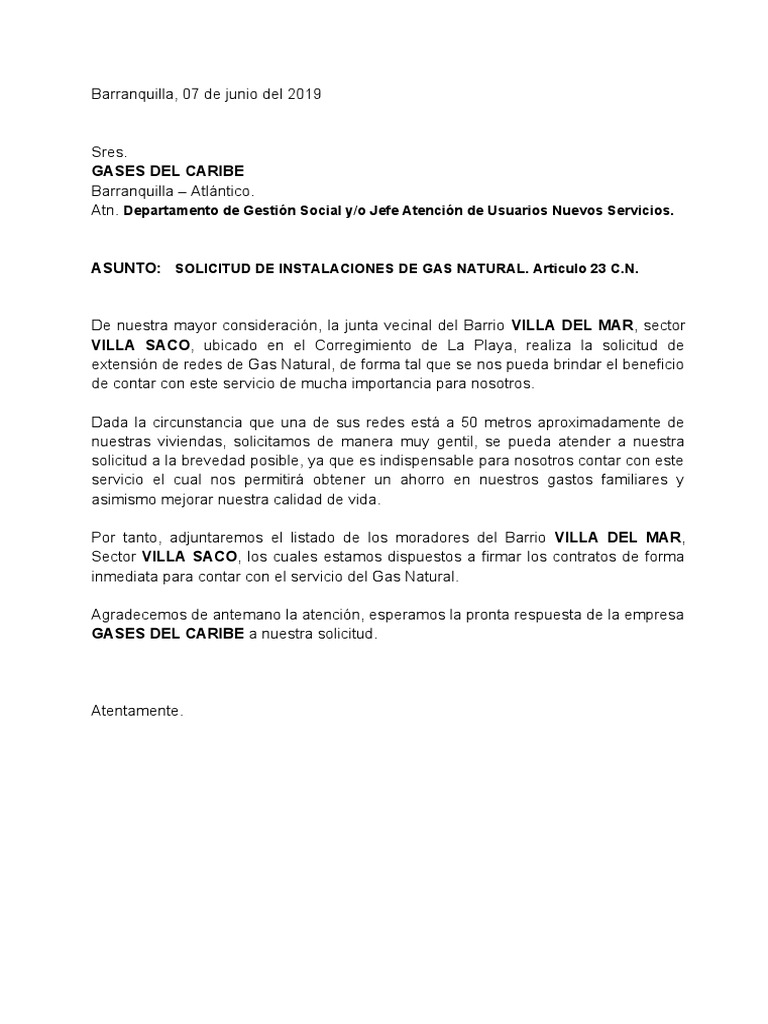 Carta Solicitud de Suministro de Gas Natural | PDF | Servicios públicos | Propiedad