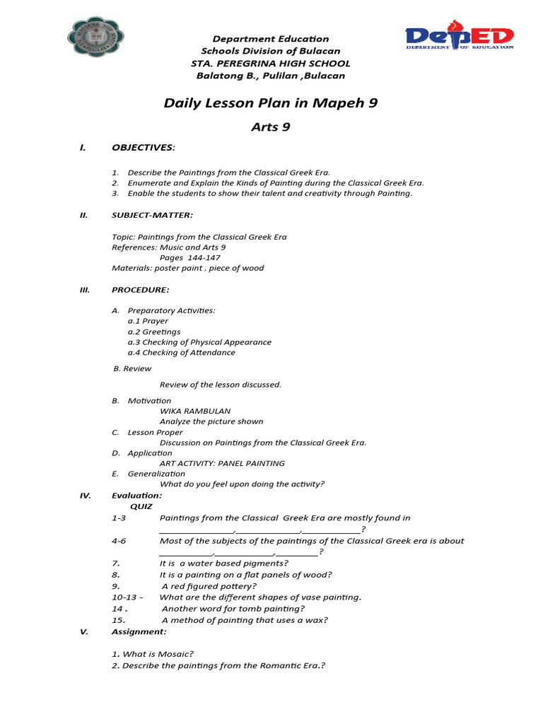 MAPEH 9 Arts 1st Quarter Lesson Plan | PDF